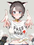  3girls alternate_costume animal_ear_fluff animal_ear_hairband animal_ears azuma_(azmdraw) bell black_collar black_gloves black_hair blue_eyes blush cat_ear_hairband cat_ears closed_mouth collar commentary_request fake_animal_ears fingerless_gloves free_hugs front-tie_top gloves grey_background hairband highres hololive hololive_dev_is hug_invitation hugging_viewer midriff mizumiya_su mizumiya_su_(1st_costume) multiple_girls navel neck_bell oozora_subaru pov pov_hands shirogane_noel shirogane_noel_(1st_costume) shirt short_hair simple_background sweat t-shirt tied_shirt virtual_youtuber white_shirt 
