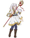  1girl absurdres belt boots capelet closed_eyes commission commissioner_upload earrings elf floating_earrings frieren highres holding holding_staff jewelry mage_staff pantyhose pointy_ears sierra117renner smile solo sousou_no_frieren staff teardrop_earrings twintails white_background white_capelet 