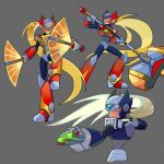  1boy absurdres android armor black_armor black_helmet black_zero_(mega_man) blonde_hair brass_knuckles chest_jewel clenched_teeth closed_mouth commentary cowboy_shot dual_wielding english_commentary forehead_jewel full_body grey_background hammer hand_fan helmet highres holding holding_fan holding_hammer lei_arrrrt10 long_hair mega_man_(series) mega_man_x8 mega_man_x_(series) multiple_views red_armor red_helmet simple_background standing standing_on_one_leg teeth two-handed weapon zero_(mega_man) 