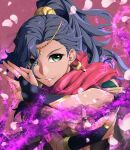  1girl absurdres black_hair breasts bridal_gauntlets cape cleavage commentary dark-skinned_female dark_skin earrings fingernails fire_emblem fire_emblem:_fortune's_weave green_eyes grin hands_up highres jewelry leda_(fire_emblem) lips long_hair looking_at_viewer lost_(su-pa-buru) magic medium_breasts petals pink_lips ponytail red_cape smile solo 