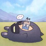  bangboo_(zenless_zone_zero) blonde_hair chibi clear_sky cowboy_shot grass hat highres mountainous_horizon norma_hollowell seabearsnake size_difference sky sleeping speech_bubble squeans zenless_zone_zero 