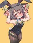  1girl @_@ animal_ears bad_id bad_pixiv_id banknote black_leotard black_pantyhose blush bow bowtie commentary_request fake_animal_ears grey_hair highres leotard money mouse_ears mouse_tail nazrin pantyhose playboy_bunny rabbit_ears rabbit_tail red_eyes strapless strapless_leotard sweat tail touhou yellow_background yoshiyuki_(14330975) 