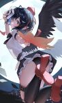  1girl absurdres ass belt bird_wings black_bow black_bowtie black_hair black_panties black_socks black_wings bow bowtie breasts brown_eyes camera commentary_request dongyang_kissoml flying frilled_skirt frills full_moon grin hat hauchiwa highres holding holding_camera kneehighs looking_at_viewer medium_breasts moon night panties pointy_ears puffy_short_sleeves puffy_sleeves red_hat red_shoes see-through_clothes see-through_shirt shameimaru_aya shirt shoes short_sleeves skindentation skirt smile socks solo thigh_belt thigh_strap tokin_hat touhou underwear white_shirt wings 