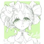  1girl bare_shoulders border bow bowtie braid chinese_commentary cocooly collarbone commentary_request crown_braid detached_collar dot_nose double_bun dress drumbeat_wonders_(infinity_nikki) earrings eyes_visible_through_hair flower_earrings green_background green_eyes green_theme greyscale greyscale_with_colored_background hair_between_eyes hair_bow hair_bun hair_ornament highres infinity_nikki jewelry monochrome musical_note musical_note_hair_ornament nikki_(series) off-shoulder_dress off_shoulder open_mouth outside_border short_hair signature smile solo spot_color straight-on treble_clef upper_body white_border 