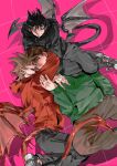  3boys :d ^_^ animification arms_around_neck black_hair black_hoodie black_pants black_shoes blush boy_sandwich brown_hair brown_pants chinese_commentary closed_eyes commentary_request demon_boy demon_tail demon_wings drawstring dual_persona dutch_angle edd_(eddsworld) eddsworld flying green_hoodie grey_eyes grid_background hair_ears hand_on_another's_arm highres hood hood_down hoodie hug kuangzihaixing long_sleeves looking_at_another male_focus multiple_boys pants pink_background prototype_design red_hoodie sandwiched shoes short_hair smile sneakers tail tord_(2004)_(eddsworld) tord_(eddsworld) wings yaoi 