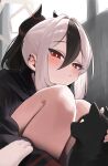  1girl absurdres animal black_cat black_choker black_hair black_hoodie black_horns blue_archive blurry blurry_background blush bright_pupils cat choker closed_mouth commentary day demon_horns earclip hair_between_eyes halo highres hood hood_down hoodie horns indoors kayoko_(blue_archive) long_bangs long_sleeves looking_at_animal looking_down multicolored_hair out_of_frame petting ponytail red_eyes se_tu_(55559229) short_hair solo squatting two-tone_hair upper_body white_hair white_pupils window 
