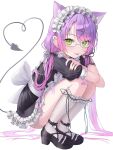  1girl absurdres animal_ear_fluff animal_ears apron bandaid bandaid_on_knee bandaid_on_leg black_bow black_dress black_shoes blush bow commentary crossed_arms demon_girl demon_tail dress ear_piercing frilled_apron frilled_dress frilled_footwear frilled_hairband frilled_sleeves frilled_socks frills glasses green_eyes green_nails hair_bow hair_ornament hairband hairclip heart heart_tail high_heels highres hololive kneehighs large_bow long_hair looking_at_viewer low_twintails maid multicolored_nails mumei_(mumeillust1123) nail_polish parted_bangs piercing pink_nails puffy_short_sleeves puffy_sleeves purple_hair semi-rimless_eyewear shoes short_dress short_sleeves simple_background socks solo spiked_ear_piercing squatting tail tail_ornament tail_piercing tokoyami_towa tongue tongue_out twintails under-rim_eyewear very_long_hair virtual_youtuber white_bow white_socks x_hair_ornament 