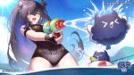  1girl :d ;d arm_strap asymmetrical_horns black_gloves black_hair black_one-piece_swimsuit blue_hair blue_sky breasts clero_(viprimo) cloud colored_inner_hair commentary copyright_notice day elbow_gloves english_commentary fingerless_gloves flower gloves holding holding_water_gun hololive hololive_english horn_flower horns jailbird_(nerissa_ravencroft) large_breasts logo long_hair mole mole_on_thigh mole_under_eye multicolored_hair nerissa_ravencroft nerissa_ravencroft_(holonatsu_paradise) ocean official_alternate_costume official_art one-piece_swimsuit one_eye_closed open_mouth partially_underwater_shot purple_eyes sidelocks sky slit_pupils smile solo sun swimsuit teeth uneven_horns upper_teeth_only very_long_hair virtual_youtuber wading water_gun 