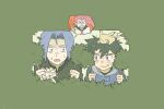  1girl 2boys alternate_universe ash_ketchum black_hair blue_hair blue_jacket branch brown_hair bush clenched_teeth dirty dirty_face gakuran green_eyes hiding holding holding_branch jacket james_(pokemon) jessie_(pokemon) jungeol_(p_oxo7) leaf meowth multiple_boys on_head pikachu pokemon pokemon_(anime) pokemon_(creature) pokemon_on_head red_hair school_uniform serafuku sharp_teeth teeth 