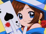  1girl ace_(playing_card) ace_attorney ace_of_spades apollo_justice:_ace_attorney between_fingers blood blood_on_object blood_stain blue_eyes blue_hat brown_hair card card_between_fingers cardcaptor_sakura chromatic_aberration closed_mouth commentary_request derivative_work diamond_(shape) diamond_earrings earrings faux_retro_artstyle fujita_mariko_(style) gloves hat highres holding holding_card jewelry korean_commentary looking_at_viewer magician molla573659 parody parted_bangs playing_card portrait red_scarf scarf short_hair simple_background single_bare_shoulder smile solo spade_(shape) top_hat trait_connection trucy_wright white_gloves yellow_background 