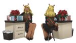  1girl animal_ears bag black_eyes black_shirt black_skirt blonde_hair bottle brown_bag card checkered_sweater_vest commentary crossbody_bag deer_ears deer_girl deltarune english_commentary flower furry furry_female highres holding holding_bottle hooves long_sleeves noelle_holiday on_stool petscoboba pill_bottle pleated_skirt poinsettia red_flower shirt sitting skirt sneaking stool theft trash_can utdr_(toby_fox) 