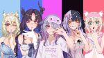  5girls animal_ear_fluff animal_ears asymmetrical_horns black_hair black_horns blonde_hair blue_eyes blue_hair blue_streaks bow breasts chest_jewel cleavage colored_inner_hair commentary demon_horns dog_ears dog_girl dress english_commentary fuwawa_abyssgard fuwawa_abyssgard_(pajamas) gem go-toubun_no_hanayome grey_hair hair_bow hair_ornament hair_over_one_eye highres holoadvent hololive hololive_english horns jewel_under_eye koseki_bijou koseki_bijou_(pebble_pajamas) large_breasts long_hair looking_at_viewer ltat104 mask mococo_abyssgard mococo_abyssgard_(pajamas) mole mole_under_eye multicolored_hair multiple_girls nerissa_ravencroft nerissa_ravencroft_(nighttime_princess) nightgown official_alternate_costume official_alternate_hairstyle open_mouth parody pink_eyes pink_hair pink_nightgown pink_streaks purple_eyes purple_hair shiori_novella shiori_novella_(pajamas) shirt short_hair siblings sisters sleep_mask split-color_hair streaked_hair twins two-tone_hair uneven_horns very_long_hair virtual_youtuber white_shirt yellow_eyes 