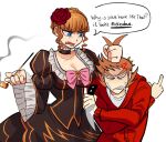  1boy 1girl anger_vein annoyed antenna_hair bandage_on_cheek beatrice_(umineko) blonde_hair blue_eyes bow bowtie breasts brown_choker brown_dress brown_hair bullying choker cleavage commentary crossed_arms crossover drawstring dress east-west_crossover eddsworld english_commentary english_text fang flipped_hair flower frills grabbing_another's_hair hair_behind_ear hair_ears hair_flower hair_ornament highres holding holding_another's_hair holding_knife holding_smoking_pipe hood hood_down hoodie juliet_sleeves knife large_breasts long_sleeves middle_finger nivotino open_mouth orange_hair pink_bow pink_bowtie puffy_sleeves red_flower red_hoodie red_rose rose short_hair simple_background smoke smoking_pipe tord_(eddsworld) umineko_no_naku_koro_ni upper_body victorian white_background 