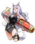  1girl animal_ears bad_id bad_twitter_id bare_shoulders black_one-piece_swimsuit blunt_bangs breasts casual_one-piece_swimsuit cleavage commentary_request eyewear_on_head gold_ship_(run!_ruin!_launcher!)_(umamusume) gold_ship_(umamusume) grey_hair highres holding holding_water_gun horse_ears horse_girl horse_tail jewelry large_breasts long_hair official_alternate_costume ohayonabeno one-piece_swimsuit purple-tinted_eyewear purple_eyes smile solo sunglasses swimsuit tail tinted_eyewear tongue tongue_out umamusume water_gun yellow-framed_eyewear 