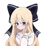  1girl artist_request blonde_hair blue_eyes blush bow commission commissioner_upload dress_shirt hair_bow highres jaggy_lines long_hair looking_to_the_side messy_hair non-web_source original shirt simple_background solo striped_bow thick_eyelashes upper_body very_long_hair white_background yajwa 