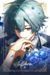  1boy absurdres blue_flower blue_rose blue_shirt border bouquet bracelet character_name collared_shirt commentary earrings english_commentary english_text flower genshin_impact green_hair grin hair_between_eyes hair_intakes hand_grab highres isobe47 jewelry lapels lohen_(genshin_impact) long_sleeves looking_at_viewer male_focus mole mole_under_eye multicolored_eyes pov pov_hands ring rose shadow shirt short_hair single_earring smile upper_body white_background 