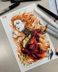  1girl art_tools_in_frame blank_eyes bodysuit breasts closed_mouth commentary english_commentary fiery_hair highres jean_grey large_breasts long_hair marker_(medium) marvel multicolored_bodysuit photo_(medium) red_bodysuit red_hair signature solo stanley_lau traditional_media two-tone_bodysuit x-men 