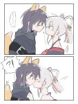 !? 2girls animal_ears black_hair blue_hoodie cho_kaguya-hime! closed_eyes closed_mouth facial_mark forehead_mark fox_ears fox_girl fox_tail green_eyes hair_rings hood hoodie japanese_clothes kimono kiss medium_hair multiple_girls off_shoulder poisonchiwauwau purple_kimono runami_yachiyo runami_yachiyo_(tsukuyomi) sakayori_iroha sakayori_iroha_(tsukuyomi) simple_background spoken_interrobang surprise_kiss surprised tail white_background yuri 