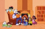  3boys 3girls 5others alternate_skin_color alternate_species aqua_(deltarune) asriel_dreemurr blorp-o blue_(deltarune) blush book bookshelf brown_hair chara_(undertale) child colored_skin dark-skinned_female dark-skinned_male dark_skin darkened_skin deltarune design_speculation drawing_(action) drawing_(object) dress fake_horns fireplace frisk_(undertale) glasses goat_boy goat_girl green_(deltarune) highres holding holding_book horns house humanization humanized_skin_color in-universe_location indoors kris_(deltarune) lightened_skin mother_and_child mother_and_son multiple_boys multiple_girls multiple_others orange_(deltarune) paper parent_and_child personification pink_skirt reading red_horns red_ribbon ribbon seth_(deltarune) shirt skirt striped_clothes striped_shirt toriel undertale utdr_(toby_fox) white_dress yellow_(deltarune) yellow_skin 