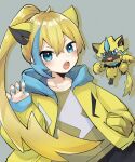  1girl :o blonde_hair blue_eyes blue_streaks blush claw_pose commentary cowboy_shot double-parted_bangs grey_background hair_between_eyes hand_up highres hood hood_down hoodie long_hair long_sleeves looking_at_viewer multicolored_hair nail_polish necoyu_(yuyudomino) open_clothes open_hoodie open_mouth pokemon pokemon_(creature) ponytail simple_background single_claw_pose single_hair_streak sleeves_past_wrists streaked_hair sweater teeth thick_eyebrows upper_teeth_only v-shaped_eyebrows yellow_hoodie yellow_sweater zeraora 