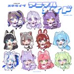  6+girls ahoge airi_kanna akane_lize animal_ears aokumo_rin apron arahashi_tabi arnyang_(ayatsuno_yuni) ayatsuno_yuni baku_(sakihane_huya) black_dress black_hair black_shoes black_socks blonde_hair blue_dress blue_eyes blue_hair bow brown_dress brown_eyes brown_hair brown_shoes cat_ears cat_girl cat_tail chibi chico_(yuzuha_riko) chobi_(penguin_paradise) commentary copyright_name dragon_girl dragon_tail dragon_wings dress everyone green_dress green_eyes green_hair grey_hair haedungi_(shirayuki_hina) hanako_nana heterochromia highres holding holding_plate inari_(tenko_shibuki) kemonomimi_mode kurimi_(aokumo_rin) long_hair maid maid_headdress maro_(neneko_mashiro) matching_outfits multicolored_hair multiple_girls neneko_mashiro peto_(hanako_nana) pienna_(akane_lize) pink_dress pink_hair pink_wings plate puffy_short_sleeves puffy_sleeves pungdangi_(arahashi_tabi) purple_dress purple_eyes purple_hair rabbit_ears red_bow red_dress red_eyes red_hair sakihane_huya scales_(airi_kanna) shirayuki_hina shoes short_sleeves simple_background socks standing standing_on_one_leg stellive streaked_hair tail tenko_shibuki twitter_username unicorn_girl unicorn_horn very_long_hair virtual_youtuber white_apron white_background white_hair white_socks wings yuzuha_riko 