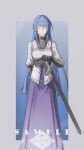  1girl absurdres artist_name ash0ne belt black_belt blunt_bangs chinese_commentary closed_eyes closed_mouth commentary_request full_body gauntlets highres hime_cut isolte_cruel light_smile long_hair long_sleeves mushoku_tensei purple_skirt skirt solo standing straight_hair sword weapon 