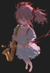  1girl alternate_breast_size_(larger) artist_name bare_arms barefoot black_background bow bow_choker breasts ceey choker cleavage closed_eyes collarbone commentary dot_nose dress expressionless eyelashes floating_clothes floating_hair frilled_dress frills full_body hair_between_eyes hair_bow highres holding holding_instrument holding_saxophone instrument kaname_madoka mahou_shoujo_madoka_magica mahou_shoujo_madoka_magica_(anime) medium_dress pink_hair playing_instrument pleated_dress puffy_short_sleeves puffy_sleeves red_bow red_choker red_ribbon ribbon saxophone see-through_clothes see-through_sleeves short_hair short_sleeves short_twintails sidelocks simple_background sleeve_ribbon solo square_neckline standing twintails untranslatable_commentary watermark white_dress wind 