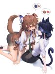  2girls absurdres ahoge ahoge_wag all_fours animal_collar animal_ears antenna_hair arm_support black_skirt blue_hair blue_headband blush_stickers breasts brown_hair cat cat_ears cat_girl cat_tail cf_sdg claw_hair_clip collar collared_shirt commentary dog dog_ears dog_girl dog_tail double-parted_bangs dress_shirt expressive_hair eye_contact green_necktie hair_between_eyes headband heart highres holding holding_leash large_breasts leash long_hair looking_at_another loose_necktie medium_breasts miniskirt multiple_girls necktie office_lady open_mouth original pencil pencil_skirt red_eyes shadow shirt simple_background sitting skirt sleeves_rolled_up smile sparkle speech_bubble spoken_animal tail very_long_hair white_background white_shirt yellow_eyes yuri 