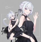  1girl animal_ears bag bare_shoulders black_dress black_ribbon blush bracelet braid braided_hair_rings cat_ears cat_girl cat_tail cho_kaguya-hime! dress grey_background grey_hair grin hair_ribbon hair_rings high_heels highres hugging_own_leg io_(sinking=carousel) jewelry knee_up lace_trim leg_warmers looking_at_viewer multicolored_hair multiple_views necklace pink_hair pink_streaks purple_eyes purple_nails ribbon runami_yachiyo runami_yachiyo_(wego) shoulder_bag sitting sleeveless sleeveless_dress smile socks streaked_hair tail waving 