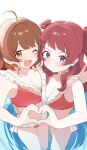  2girls absurdres ahoge aroon bikini blue_eyes breasts brown_eyes brown_hair cleavage commentary_request gakuen_idolmaster hanami_saki hanami_ume hand_on_another's_hip heart heart_hands heart_hands_duo highres idolmaster long_hair medium_breasts multiple_girls navel open_mouth orange_bikini siblings sisters stomach swimsuit teeth v 