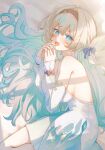  1girl @_@ absurdres aqua_hair aqua_skirt bare_shoulders black_hairband blue_eyes blush breasts commentary_request detached_sleeves embarrassed firefly_(honkai:_star_rail) from_above gradient_hair green_hair grey_hair hair_ornament hair_spread_out hairband hands_up highres honkai:_star_rail honkai_(series) large_breasts long_hair looking_at_viewer looking_up lying memeiradesuyo multicolored_eyes multicolored_hair no_jacket on_side open_mouth purple_eyes shirt sideboob skirt solo sweat tearing_up two-tone_eyes two-tone_hair very_long_hair wavy_mouth white_shirt window_shadow 