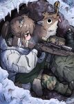  1girl absurdres aiming animal animal_ear_fluff animal_ears battle_rifle black_gloves boots breath brown_eyes brown_hair camouflage coat gloves green_pants gun highres holding holding_gun holding_weapon hood jacket long_sleeves m14 m21 original outdoors pants ponytail rifle scope sitting sniper_rifle snow tail weapon yihan_world 