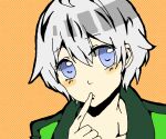  1boy absurdres anata_no_ocha ben-day_dots blue_eyes blush_stickers closed_mouth commentary_request dotted_background finger_to_mouth green_jacket grey_hair hair_between_eyes highres jacket looking_at_viewer male_focus open_clothes open_jacket orange_background portrait screentones short_hair sidelocks solo totsuka_saika trap yahari_ore_no_seishun_lovecome_wa_machigatteiru. 