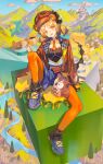  1girl absurdres animal_ears arknights balloon_animal bear bear_ears bird black_socks blonde_hair blue_sky brown_jacket commentary_request highres horns ifrit_(arknights) ifrit_(relaxing_trip)_(arknights) jacket leggings lyuqiu midair mountain necktie open_mouth orange_eyes orange_leggings owl shoes sitting sky socks 