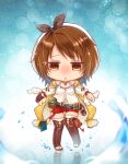  1girl aglio atelier_(series) atelier_ryza beret black_ribbon blue_background blurry blurry_foreground boots bow breasts brown_boots brown_eyes brown_gloves brown_hair clothing_cutout commentary_request cosplay deformed fatal_frame fatal_frame:_maiden_of_black_water full_body gloves gradient_background hat hat_ribbon hood hood_down hooded_jacket jacket jewelry knees_together_feet_apart kozukata_yuuri long_sleeves looking_at_viewer magatama magatama_necklace medium_breasts medium_hair navel necklace official_alternate_costume open-toe_boots open_clothes open_jacket parted_lips pouch red_bow red_shorts reflective_floor reisalin_stout reisalin_stout_(cosplay) ribbon shirt shorts shoulder_cutout side_slit single_glove sleeve_bow standing standing_on_one_leg thigh_boots thigh_gap thigh_pouch thighhighs two-tone_background water white_background white_hat white_shirt white_thighhighs yellow_jacket 