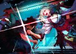  1boy 1girl black_hair blonde_hair blood blood_on_face blue_eyes breasts dual_wielding fate/grand_order fate/samurai_remnant fate_(series) fighting hair_ornament hakama highres holding holding_sword holding_weapon japanese_clothes katana kimono large_breasts miyamoto_iori_(fate) miyamoto_musashi_(fate) miyamoto_musashi_(woman_of_niten_ichiryuu)_(fate) night obi official_art open_mouth outdoors promotional_art sash second-party_source shrine smile stairs sword topknot updo wataru_rei weapon 