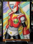  1boy abstract_background android armor art_tools_in_frame blonde_hair blue_eyes closed_mouth commentary cowboy_shot energy_sword english_commentary helmet highres holding holding_sword holding_weapon long_hair looking_at_viewer male_focus marker_(medium) mega_man_(series) mega_man_x_(series) one_eye_covered photo_(medium) red_armor red_helmet reverse_grip signature solo stanley_lau sword traditional_media weapon z_saber zero_(mega_man) 