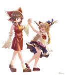  2girls ascot blonde_hair blue_bow blue_skirt blush bow bowtie breasts brown_hair brown_horns brown_shoes closed_eyes closed_mouth commentary_request cookie_(touhou) detached_sleeves dress frilled_bow frilled_hair_tubes frills full_body hair_bow hair_tubes hakurei_reimu highres holding_hands horn_bow horn_ornament horns ibuki_suika long_hair looking_at_another mary_janes medium_breasts multiple_girls nabezoko_(nicovideo128130479) purple_shoes red_bow red_bowtie red_dress red_eyes reu_(cookie) ribbon-trimmed_skirt ribbon-trimmed_sleeves ribbon_trim shirt shoes simple_background skirt sleeveless sleeveless_dress sleeveless_shirt smile socks touhou walking white_background white_shirt white_sleeves white_socks yamin_(cookie) yellow_ascot 