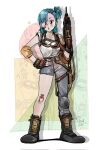  1girl alasxegalei asymmetrical_pants bandaid bandaid_on_cheek bandaid_on_face black_boots black_gloves blue_eyes blue_hair blue_nails boots bulma collarbone commentary dragon_ball dragon_ball_(classic) fingerless_gloves full_body gloves goggles goggles_around_neck grey_pants gun hand_on_own_hip high_side_ponytail highres holding holding_gun holding_weapon open_mouth pants pink_lips redrawn short_hair short_side_ponytail side_ponytail solo untranslatable_commentary weapon 
