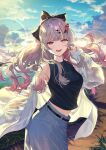  1girl :d bare_shoulders belt black_belt black_ribbon black_shirt blue_pants blue_sky blue_streaks breasts cloud cloudy_sky crop_top ear_piercing earrings evening floating_hair floral_print_jacket gradient_hair grey_eyes grey_hair hair_ornament hair_ribbon hairclip heterochromia high_ponytail highres ishigami_nozomi jacket jacket_partially_removed jewelry lake lens_flare long_hair looking_at_viewer medium_breasts midriff_peek multicolored_hair nail_polish nijisanji off_shoulder official_alternate_costume official_art okuma_mai open_mouth outdoors pants piercing ponytail red_eyes red_nails red_streaks ribbon second-party_source see-through_clothes see-through_jacket shirt sky sleeveless sleeveless_shirt sleeves_past_wrists smile solo spiked_ear_piercing streaked_hair virtual_youtuber white_jacket 