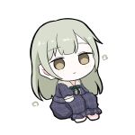 1girl bang_dream! bang_dream!_it's_mygo!!!!! blue_dress blush chibi chibi_only closed_mouth commentary dress fukujin_(purin_pukupuku) green_hair long_hair plaid_clothes plaid_dress simple_background solo untranslatable_commentary wakaba_mutsumi white_background yellow_eyes 