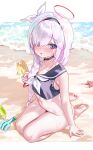  1girl bare_legs barefoot beach bikini black_choker black_hairband black_sailor_collar black_shirt blue_archive blush bottomless bow braid choker commentary_request crop_top duplicate hairband halo highres holding holding_shovel kneeling long_hair looking_at_viewer neckerchief parted_lips plana_(blue_archive) sailor_collar school_uniform seiza serafuku shirt shovel shy side_braid sitting sleeveless sweat sweatdrop swimsuit very_long_braid white_bow white_hair white_neckerchief yerim 