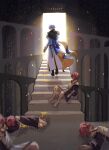  1boy 4girls absurdres blood clone coat colored_blood commentary corpse cyrene_(honkai:_star_rail) cyrene_(philia093)_(honkai:_star_rail) dress gold_blood highres honkai:_star_rail honkai_(series) looking_back multiple_girls multiple_persona on_floor on_stairs phainon_(honkai:_star_rail) pink_hair purple_coat short_hair sofasoja stab stairs white_coat white_dress white_hair 