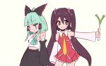  2girls adapted_costume alternate_costume alternate_hairstyle aqua_ascot aqua_eyes aqua_hair ascot black_bow black_skirt black_sleeves bow brown_eyes brown_hair chest_sarashi closed_mouth collared_shirt color_switch commentary crossover detached_sleeves english_commentary eosd2002 food frilled_bow frills hair_bow hair_tubes hakurei_reimu hatsune_miku highres holding holding_food holding_spring_onion holding_vegetable long_hair miniskirt multiple_girls necktie number_tattoo palette_swap pleated_skirt red_skirt sarashi shirt skirt skirt_set sleeveless sleeveless_shirt smile spring_onion tattoo touhou twintails vegetable very_long_hair vocaloid white_shirt white_sleeves yellow_necktie 