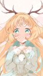  1girl animal_ears antlers blonde_hair blue_choker blue_dress blue_eyes blue_hair blush brown_horns choker colored_inner_hair commentary_request dress floppy_ears gloves highres horns jackalope_girl lace-trimmed_choker lace_trim long_hair long_sleeves looking_at_viewer multicolored_hair nanashi_inc. rabbit_ears rem32354457rem solo tsukinoki_tirol upper_body virtual_youtuber white_background white_gloves 