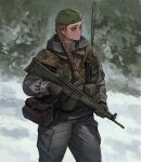  1girl ammunition_pouch bag battle_rifle beret black_gloves blurry blurry_background braid brown_hair brown_jacket bundeswehr camouflage closed_mouth cowboy_shot gloves green_eyes green_hat grey_bag grey_jacket grey_pants gun h&amp;k_g3 hair_over_shoulder hat holding holding_gun holding_weapon hood hood_down hooded_jacket jacket load-bearing_equipment long_sleeves looking_to_the_side military military_combat_uniform military_hat military_jacket military_uniform original pants pouch rifle serious shoulder_bag single_braid soldier solo standing third-party_source trigger_discipline walkie-talkie weapon west_germany wlfltksanfgksk woodland_camouflage 