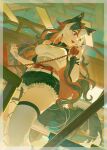  1girl animal_ear_fluff animal_ears asymmetrical_legwear belt black_hair border breasts character_request colored_inner_hair commission copyright_request corded_phone crop_top dutch_angle ear_piercing fang goggles goggles_on_head highres holding holding_wrench long_hair mismatched_legwear multicolored_hair phone piercing red_eyes red_hair red_streaks shorts skin_fang solo streaked_hair tail tfluki thighhighs white_belt white_border white_hair wrench 