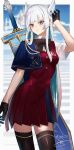  1girl aiguillette aqua_hair arm_up black_gloves black_thighhighs blue_capelet blue_streaks blurry blurry_background border bow bowtie breasts brown_bow brown_bowtie capelet closed_mouth collared_shirt colored_inner_hair commentary dress gloves hair_ornament highres isshiki_(ffmania7) lize_helesta long_hair looking_at_viewer multicolored_hair nijisanji nijisanji_koshien outside_border pleated_dress purple_eyes red_dress shirt sidelocks signature solo streaked_hair sword sword_on_back thighhighs twitter_username very_long_hair virtual_youtuber weapon weapon_on_back white_border white_hair white_shirt wing_hair_ornament 