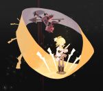  2girls angry black_background black_boots black_corset blonde_hair boots bow brown_skirt closed_eyes closed_mouth commentary corset deformed dress drill_hair gun hair_bow highres holding holding_polearm holding_weapon light_particles long_hair magical_girl magical_musket_(madoka_magica) mahou_shoujo_madoka_magica mahou_shoujo_madoka_magica_(anime) medium_hair multiple_girls polearm purple_thighhighs red_boots red_dress red_hair red_skirt sakura_kyoko sakura_kyoko_(magical_girl) screentones shirt skirt standing thighhighs tomoe_mami tomoe_mami_(magical_girl) twin_drills u_u weapon white_shirt winehusk 
