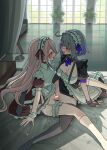  2girls after_kiss black_gloves breasts cigarette_butt cleavage commentary_request commission curtains eye_contact face-to-face fingerless_gloves gloves grey_hair highres large_breasts long_hair looking_at_another maid maid_headdress monobe_yuri multicolored_hair multiple_girls open_mouth original pink_eyes pink_hair plant potted_plant puffy_short_sleeves puffy_sleeves purple_eyes purple_hair pussy pussy_juice_stain saliva saliva_trail short_hair short_sleeves sitting streaked_hair sweat tongue tongue_out tribadism two-tone_hair very_long_hair window yuri 